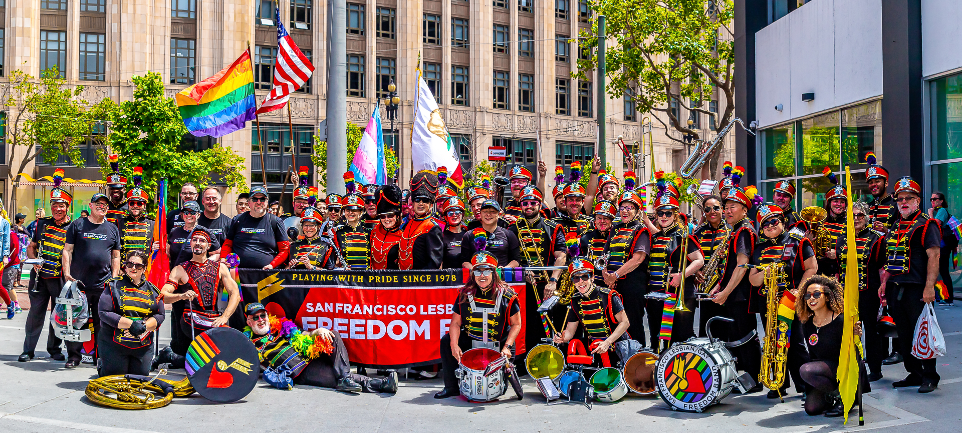 SF Lesbian/Gay Freedom Band group portrait — the full band assembled on Market Street
